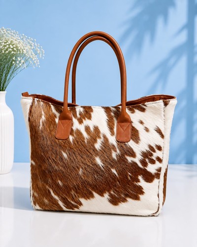 Brown white cowhide tote bag - cowhide,