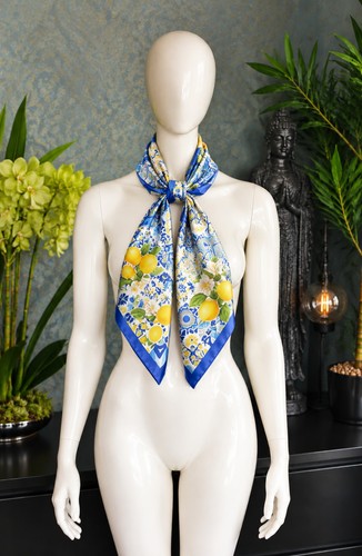 Blue lemon print satin scarf - blue,